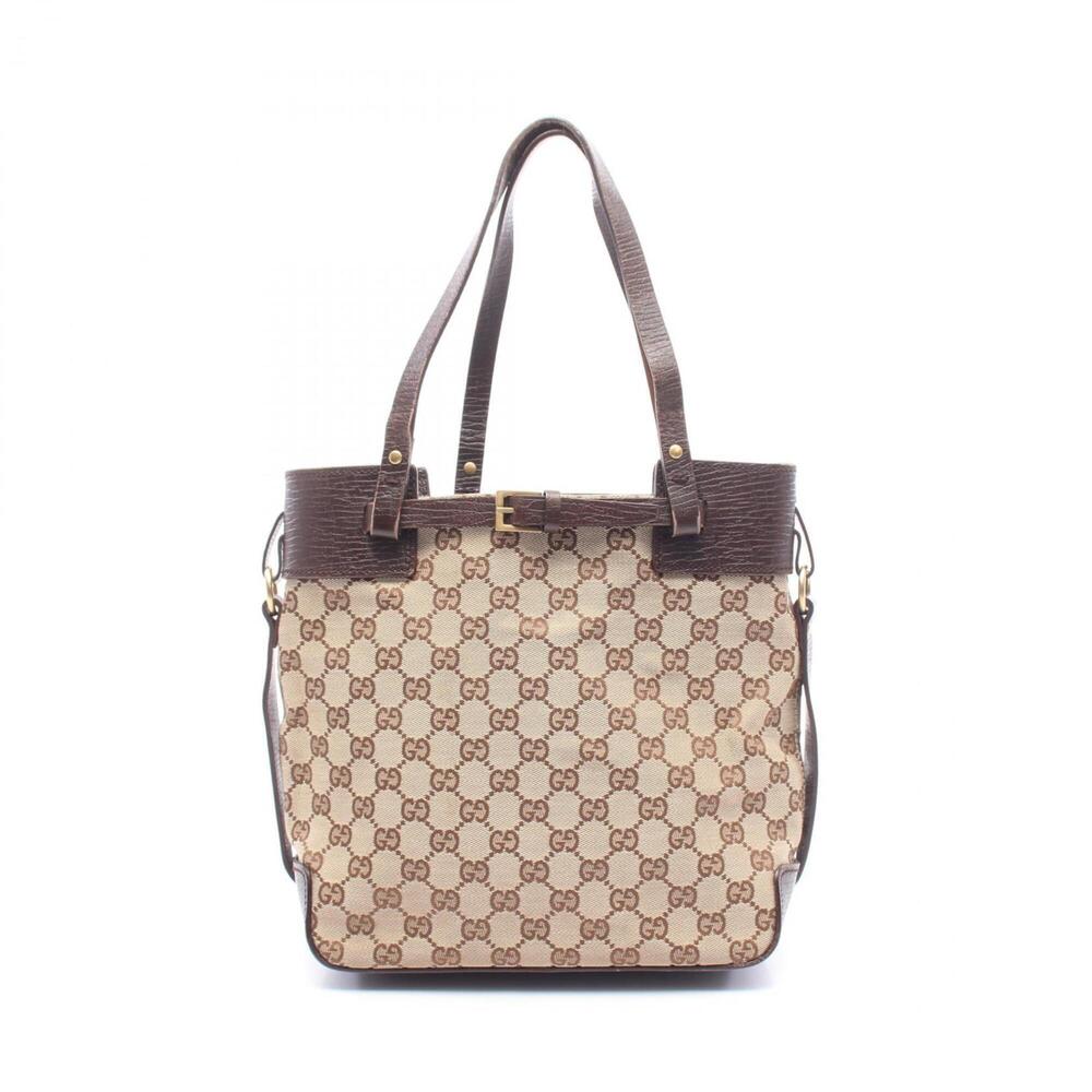 Gucci GG Canvas Tote Bag Handbag, and Leather, Women's, Beige/Brown, Item Num...